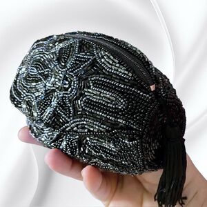 Evening Bag Black Silver Heavily Beaded Clutch Purse Satin Lined Tassels Elegant
